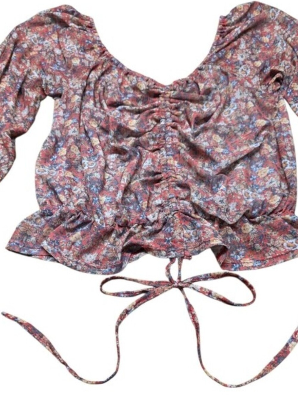 Peasant Blouse Ruched Sheer Long Sleeves Medium